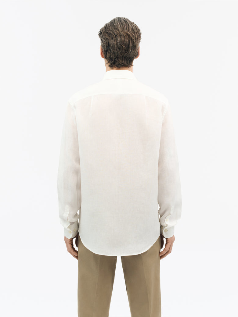 Back view of TIGER OF SWEDEN Spenser shirt with split yoke and rounded hem by eightywingold