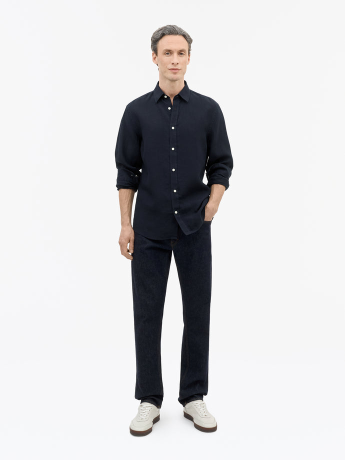 TIGER OF SWEDEN linen Spenser shirt styled for formal and casual wear in Midnight Blue from eightywingold