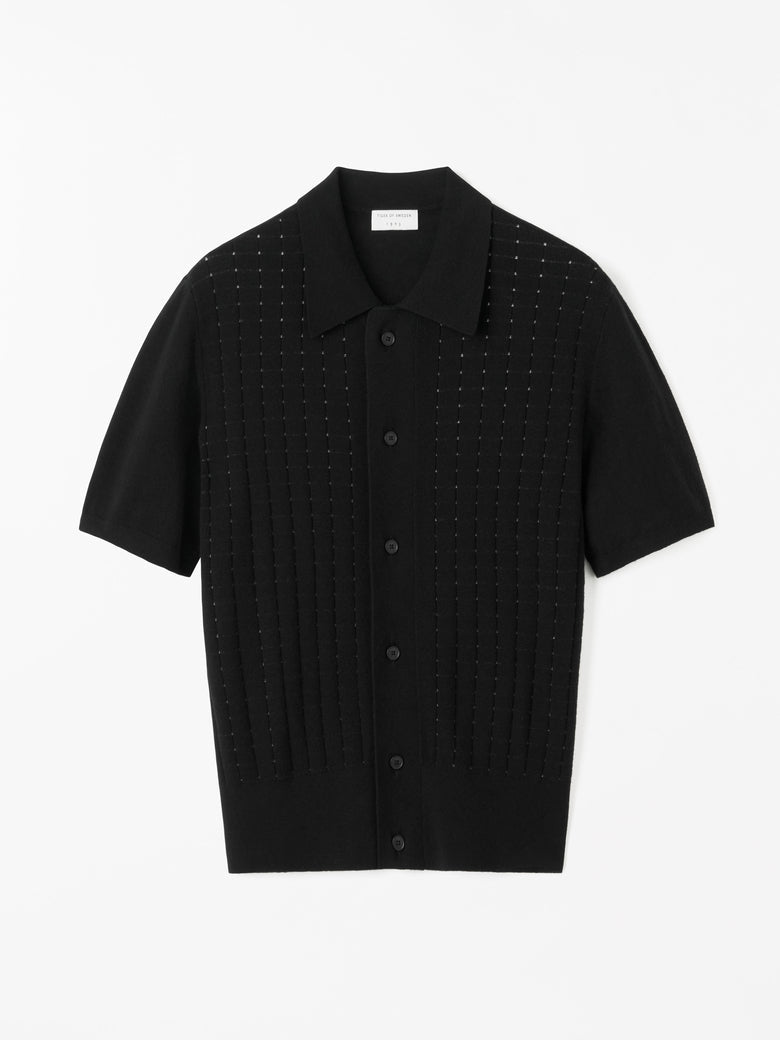 TIGER OF SWEDEN Araawen RWS black knit polo shirt with jacquard check front from eightywingold