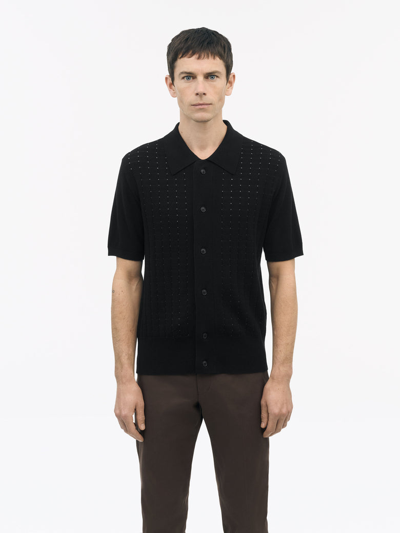 TIGER OF SWEDEN short-sleeved Merino and cotton polo shirt in Black with wide placket from eightywingold