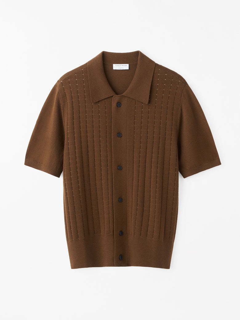 TIGER OF SWEDEN Araawen RWS gold brown knit polo shirt with jacquard check front from eightywingold
