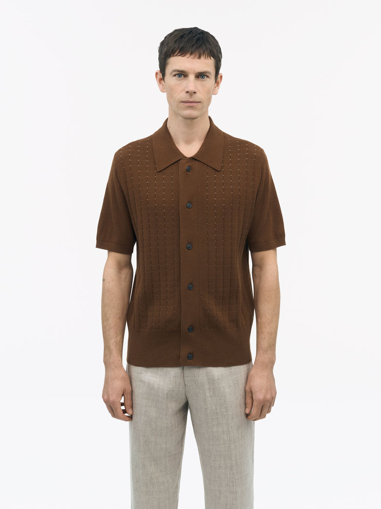 Front view of TIGER OF SWEDEN Araawen RWS polo shirt in Gold Brown featuring button-down collar from eightywingold
