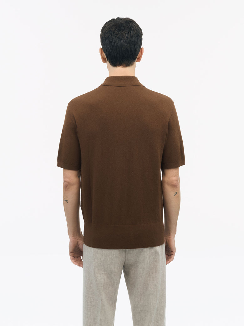 Back view TIGER OF SWEDEN short-sleeved Merino and cotton polo shirt in Gold Brown with wide placket from eightywingold