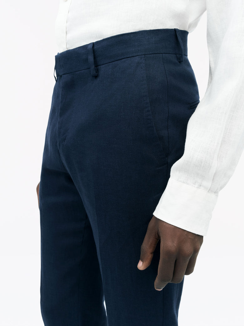 Front view of TIGER OF SWEDEN Tenuta 100% linen trousers in Midnight Blue from eightywingold in Canada