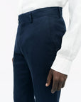 Front view of TIGER OF SWEDEN Tenuta 100% linen trousers in Midnight Blue from eightywingold in Canada
