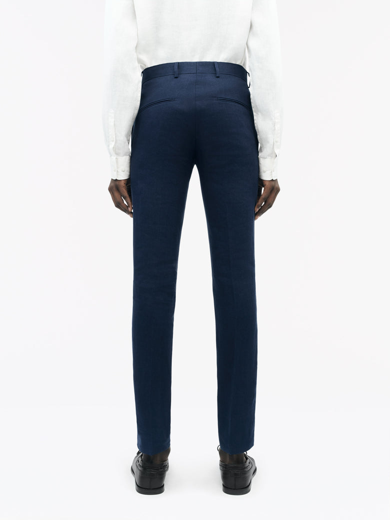 TIGER OF SWEDEN Tenuta straight-leg linen trousers in Midnight Blue with double paspoal back pockets from eightywingold in Canada