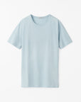 Close-up of TIGER OF SWEDEN chest logo on Olaf L linen blend t-shirt in Light Blue from eightywingold