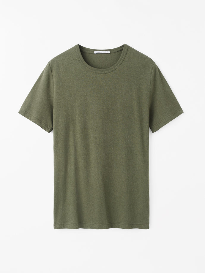 Front view of TIGER OF SWEDEN Olaf L formal t-shirt in Dusty Green from eightywingold