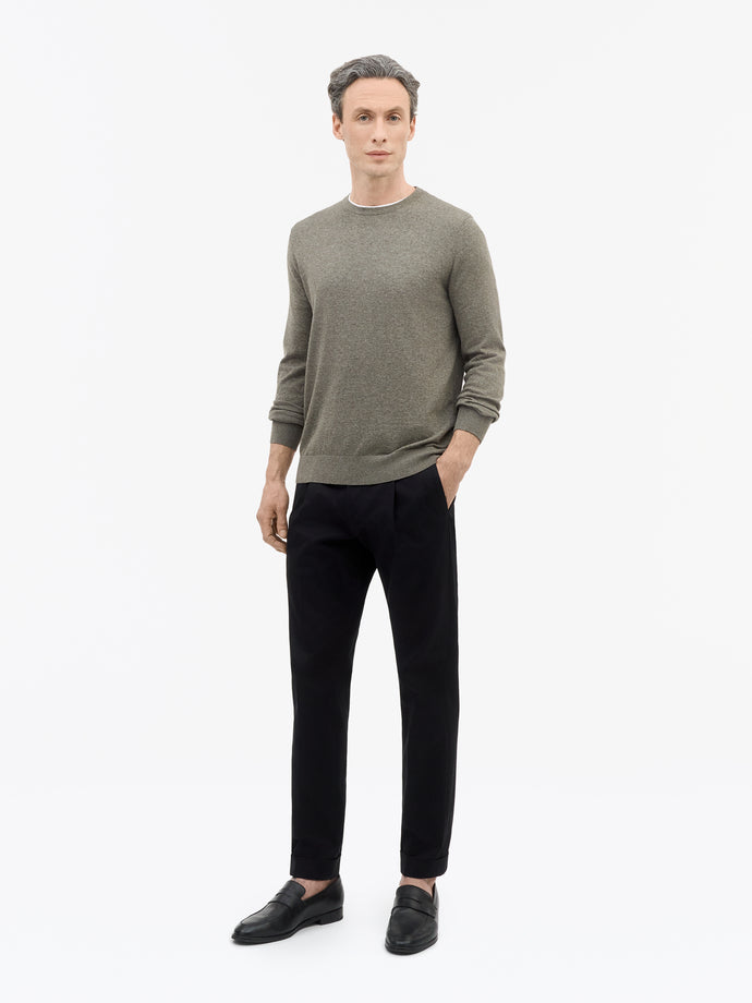 TIGER OF SWEDEN side view of Connor hip-length crew-neck sweater in Dark Grey from eightywingold