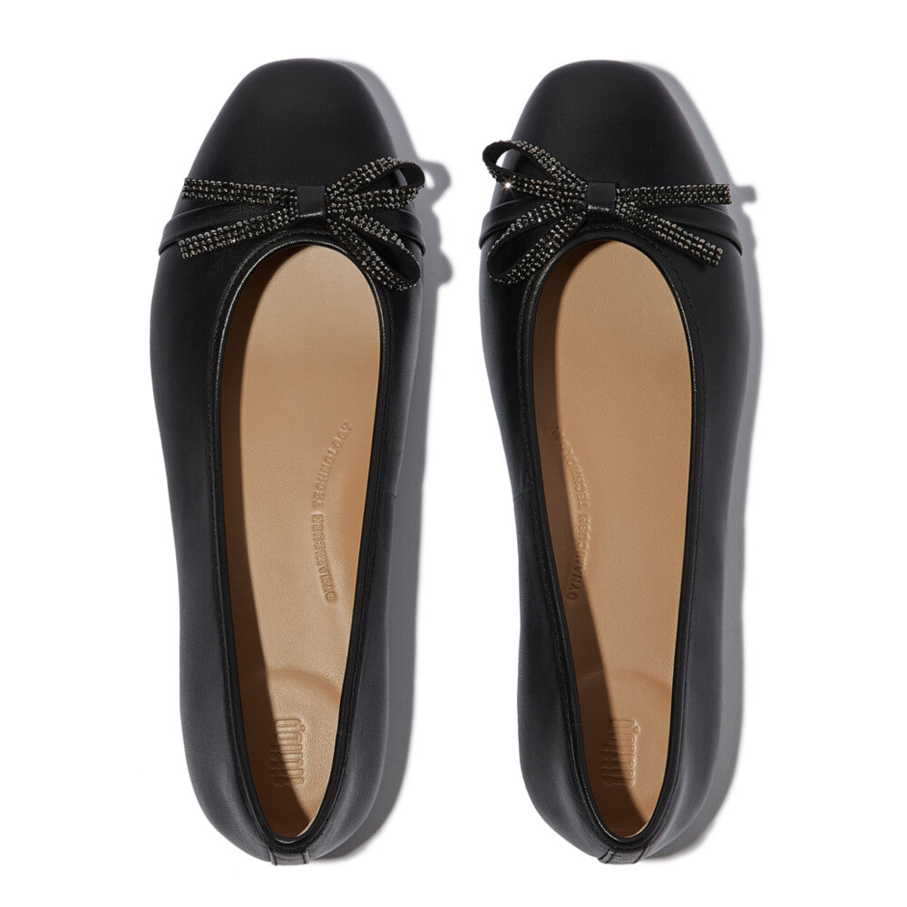 Delicato Glitz Bow Leather Ballet Flats in Black