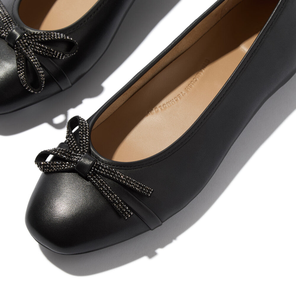 Delicato Glitz Bow Leather Ballet Flats in Black