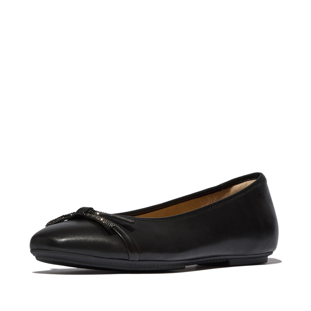 Delicato Glitz Bow Leather Ballet Flats in Black