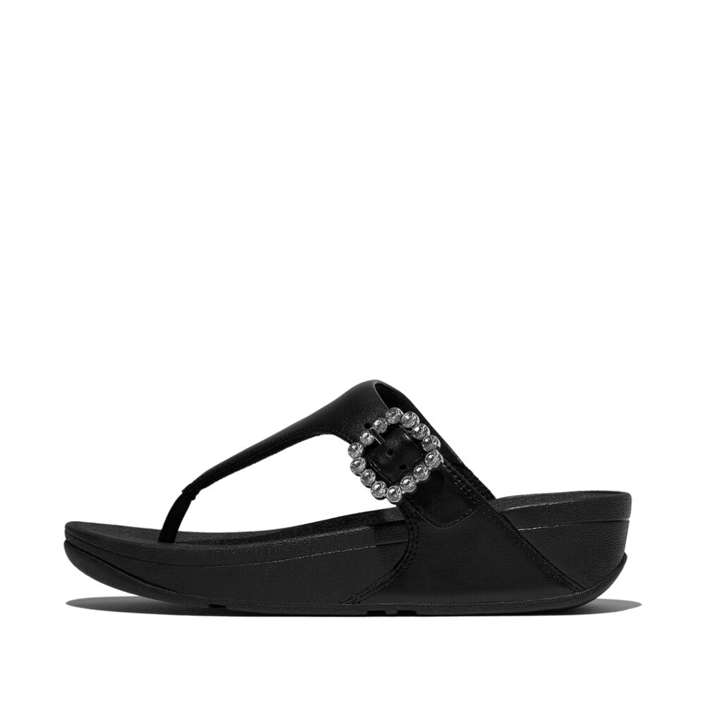 LULU Crystal-Buckle Leather Toe-Post Sandals in All Black