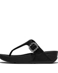 LULU Crystal-Buckle Leather Toe-Post Sandals in All Black