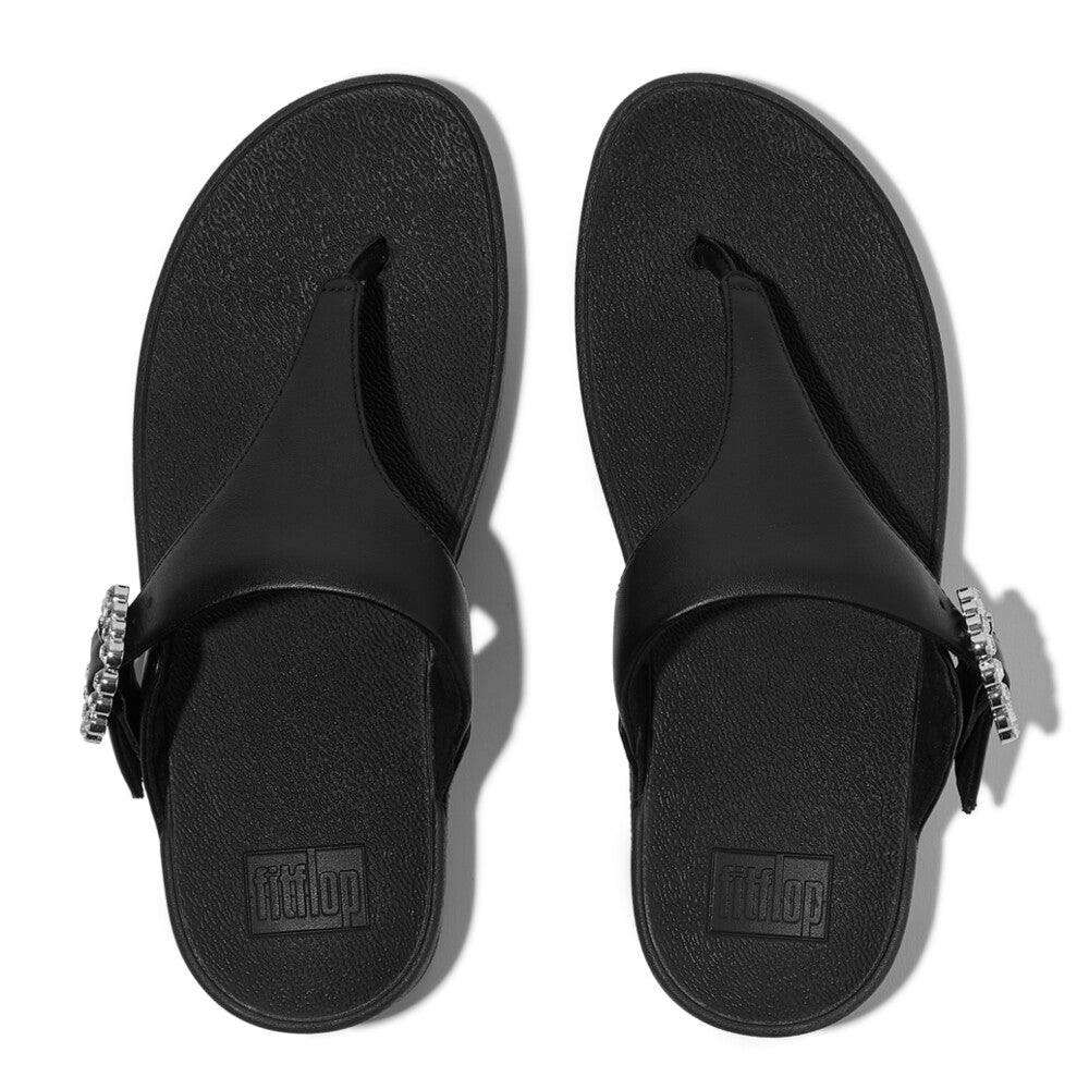 LULU Crystal-Buckle Leather Toe-Post Sandals in All Black