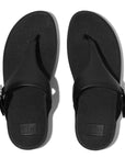 LULU Crystal-Buckle Leather Toe-Post Sandals in All Black