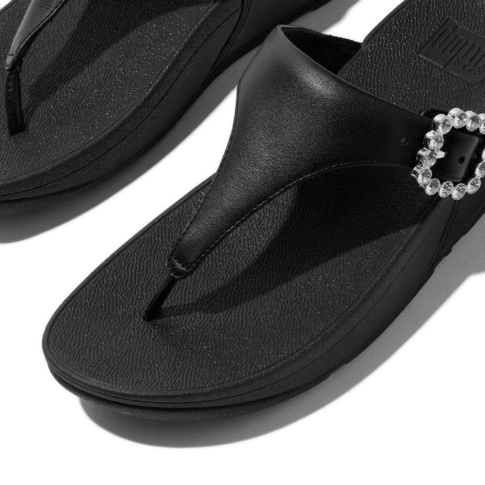 LULU Crystal-Buckle Leather Toe-Post Sandals in All Black