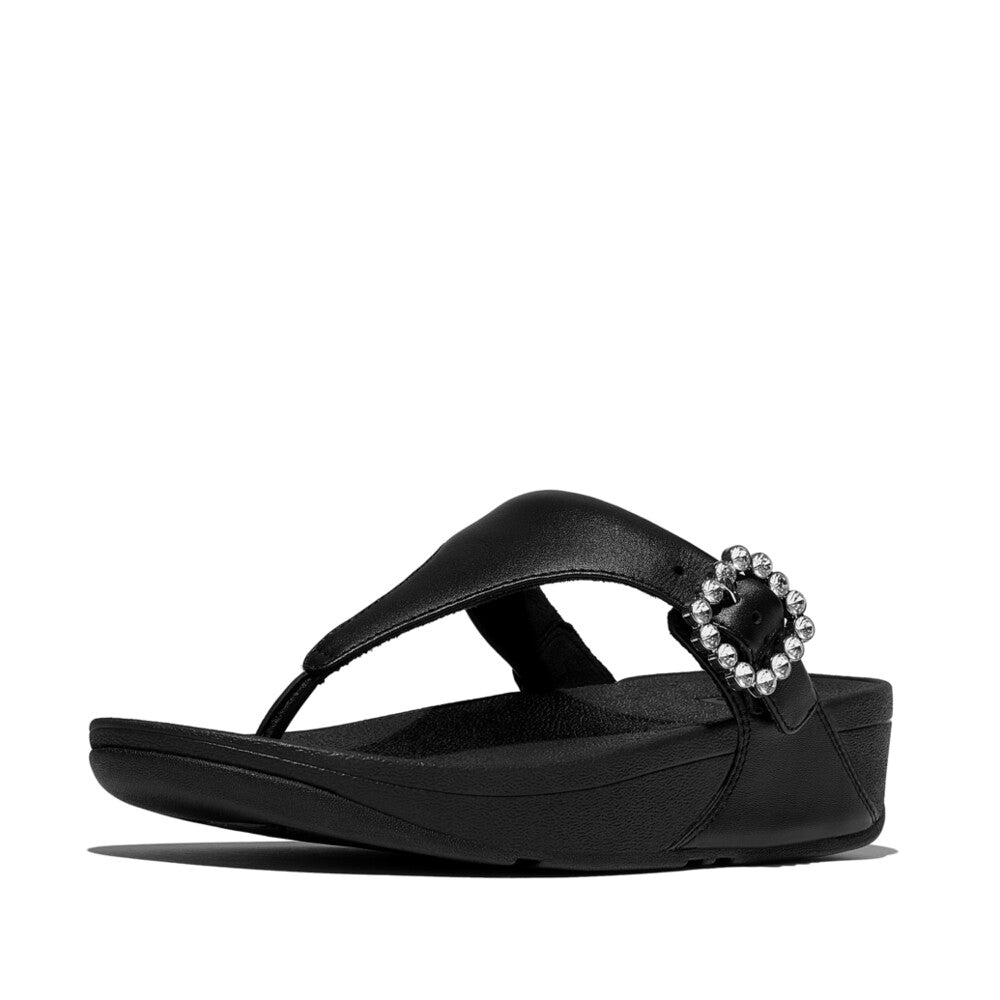 LULU Crystal-Buckle Leather Toe-Post Sandals in All Black