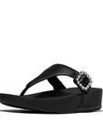 LULU Crystal-Buckle Leather Toe-Post Sandals in All Black