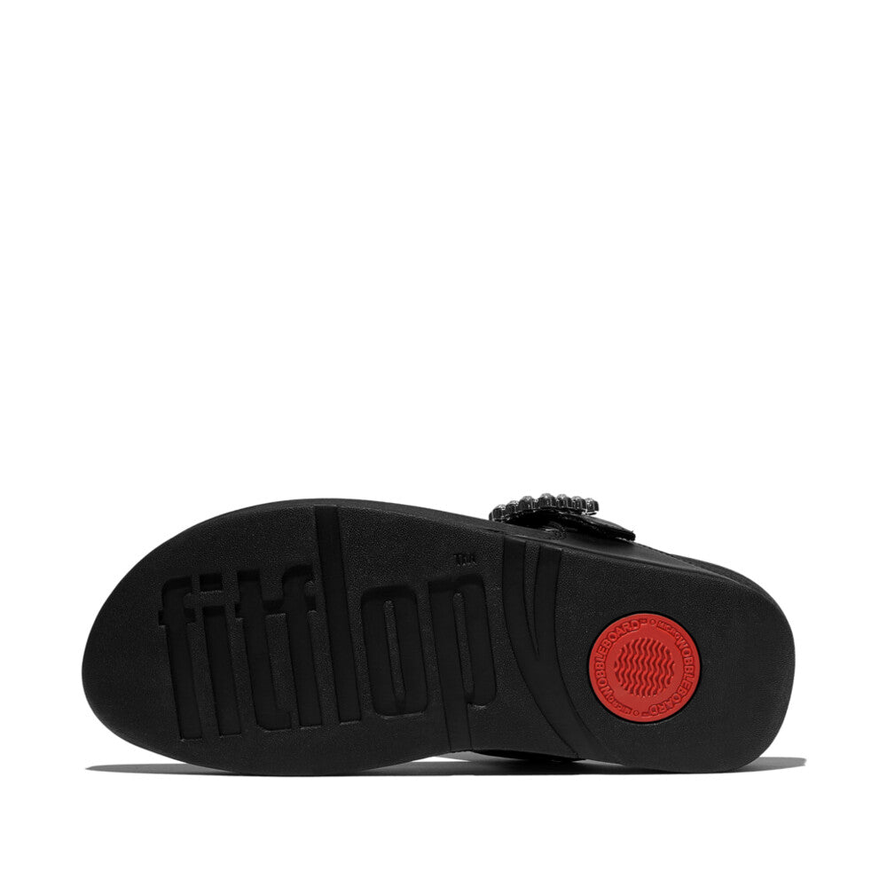 LULU Crystal-Buckle Leather Toe-Post Sandals in All Black