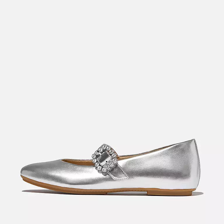 DELICATO Crystal-Buckle Metallic-Leather Mary Janes in Silver