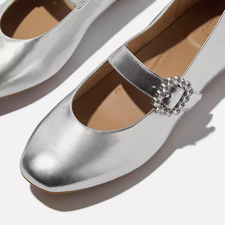 DELICATO Crystal-Buckle Metallic-Leather Mary Janes in Silver