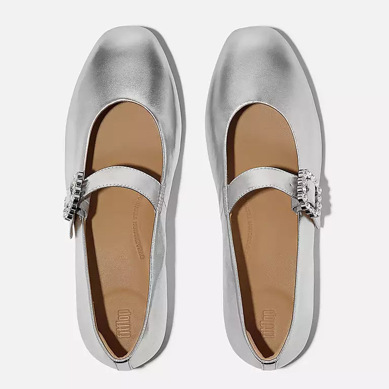 DELICATO Crystal-Buckle Metallic-Leather Mary Janes in Silver