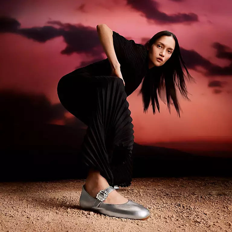 DELICATO Crystal-Buckle Metallic-Leather Mary Janes in Silver