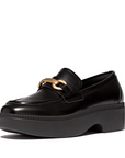 FITFLOP F-Luma Chunky-Snaffle Leather-Box Demi-Wedge Loafers in Black HY3 | Shop from eightywingold an official brand partner for Fitflop Canada and US.