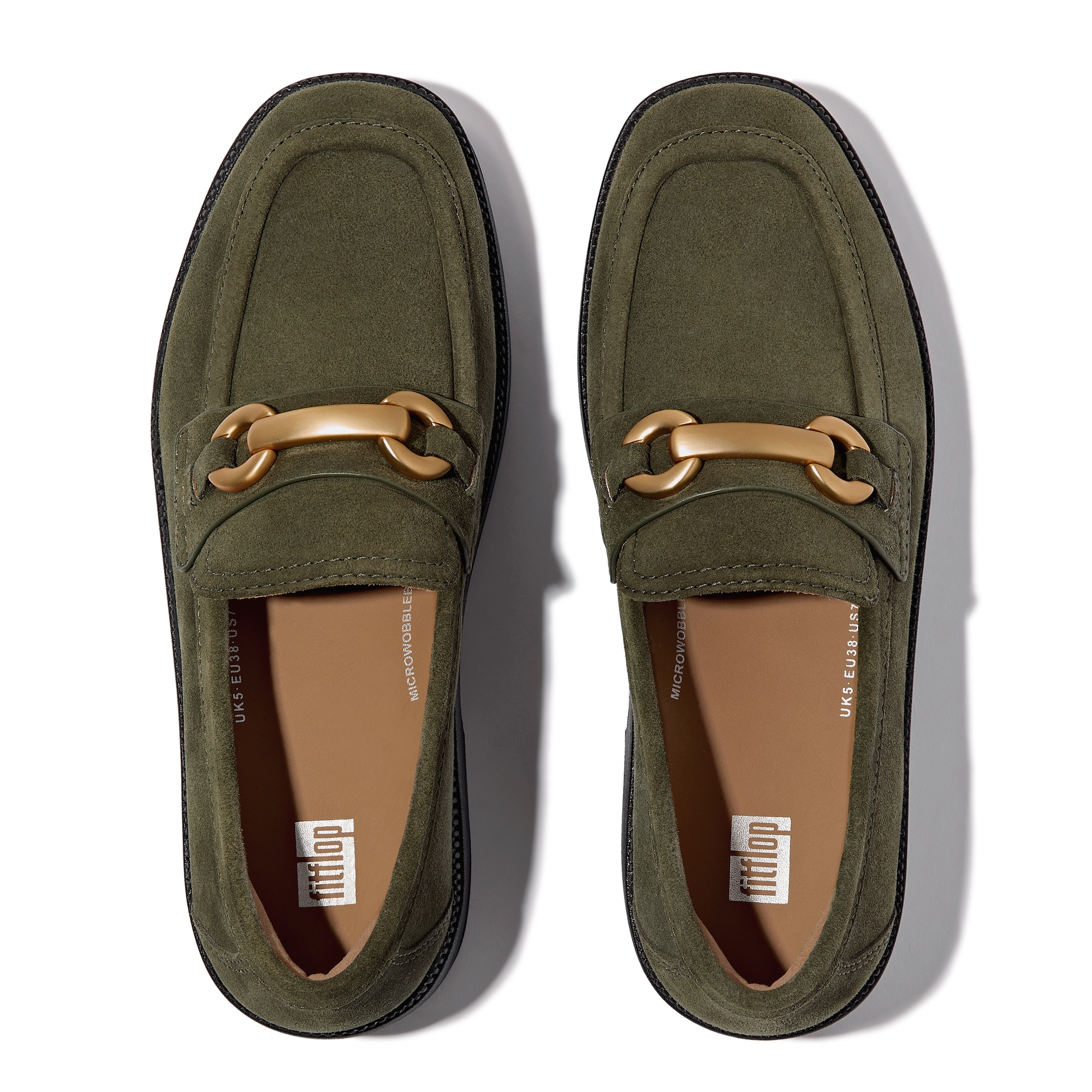 FITFLOP F-Luma Chunky-Snaffle Suede Demi Wedge Loafers in Dark Olive II8 | Shop from eightywingold an official brand partner for Fitflop Canada and US.