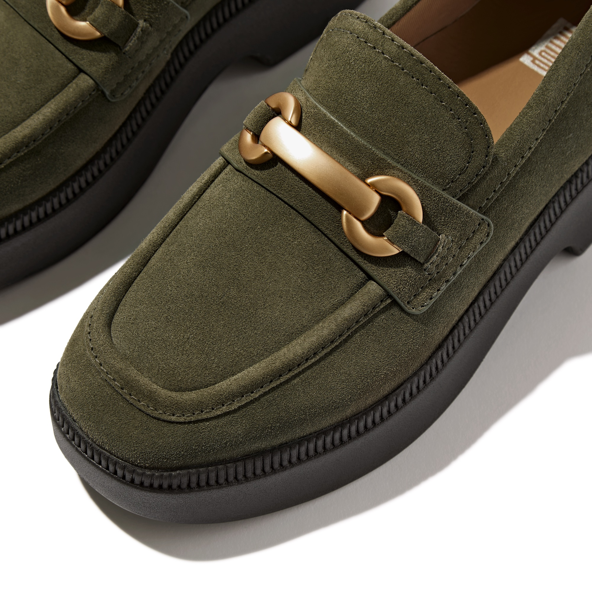 FITFLOP F-Luma Chunky-Snaffle Suede Demi Wedge Loafers in Dark Olive II8 | Shop from eightywingold an official brand partner for Fitflop Canada and US.