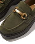 FITFLOP F-Luma Chunky-Snaffle Suede Demi Wedge Loafers in Dark Olive II8 | Shop from eightywingold an official brand partner for Fitflop Canada and US.