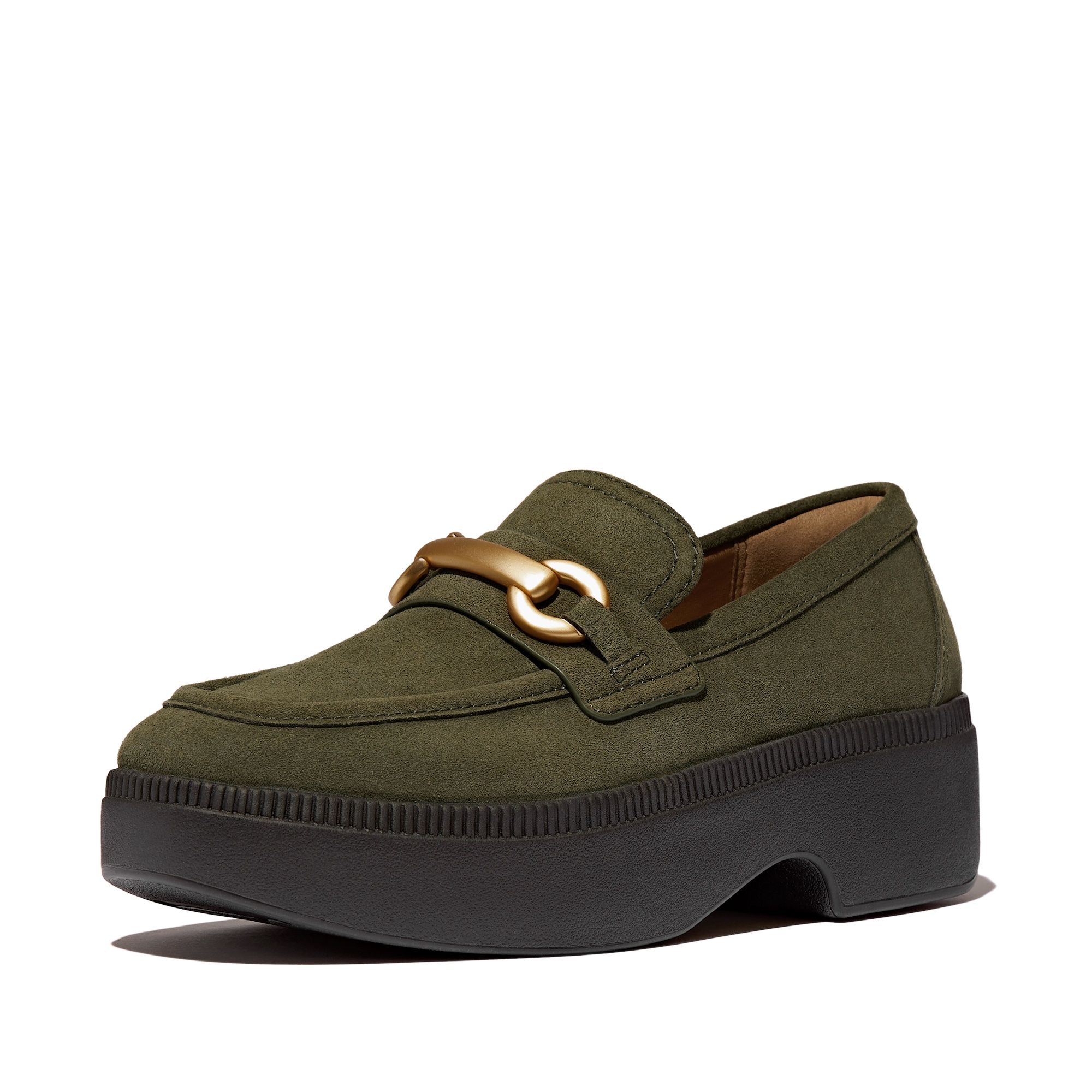 FITFLOP F-Luma Chunky-Snaffle Suede Demi Wedge Loafers in Dark Olive II8 | Shop from eightywingold an official brand partner for Fitflop Canada and US.