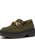 FITFLOP F-Luma Chunky-Snaffle Suede Demi Wedge Loafers in Dark Olive II8 | Shop from eightywingold an official brand partner for Fitflop Canada and US.