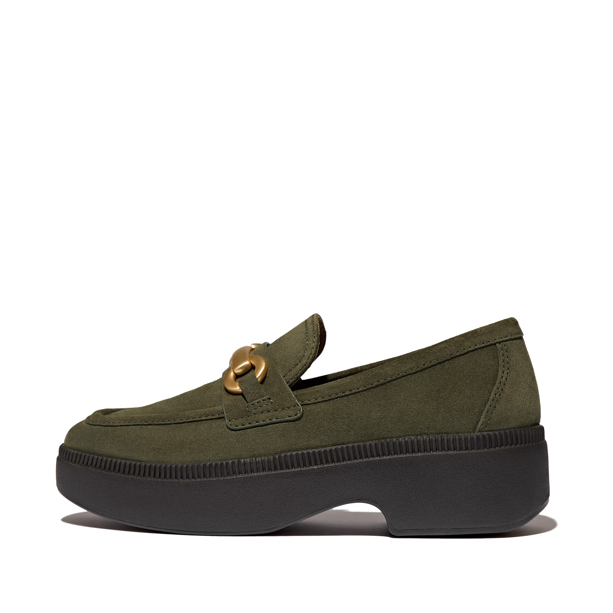 FITFLOP F-Luma Chunky-Snaffle Suede Demi Wedge Loafers in Dark Olive II8 | Shop from eightywingold an official brand partner for Fitflop Canada and US.
