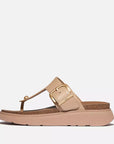 Women's ergonomic T-bar sandals HE7 with soft leather straps, chunky cork-edge sole, brushed-metal buckle, and Microwobbleboard™ cushioning for all-day comfort.