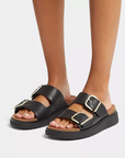 FITFLOP Gen-FF Buckle Two-Bar Leather Slides in Black HE8 | Shop from eightywingold an official brand partner for Fitflop Canada and US.