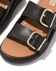 FITFLOP Gen-FF Buckle Two-Bar Leather Slides in Black HE8 | Shop from eightywingold an official brand partner for Fitflop Canada and US.