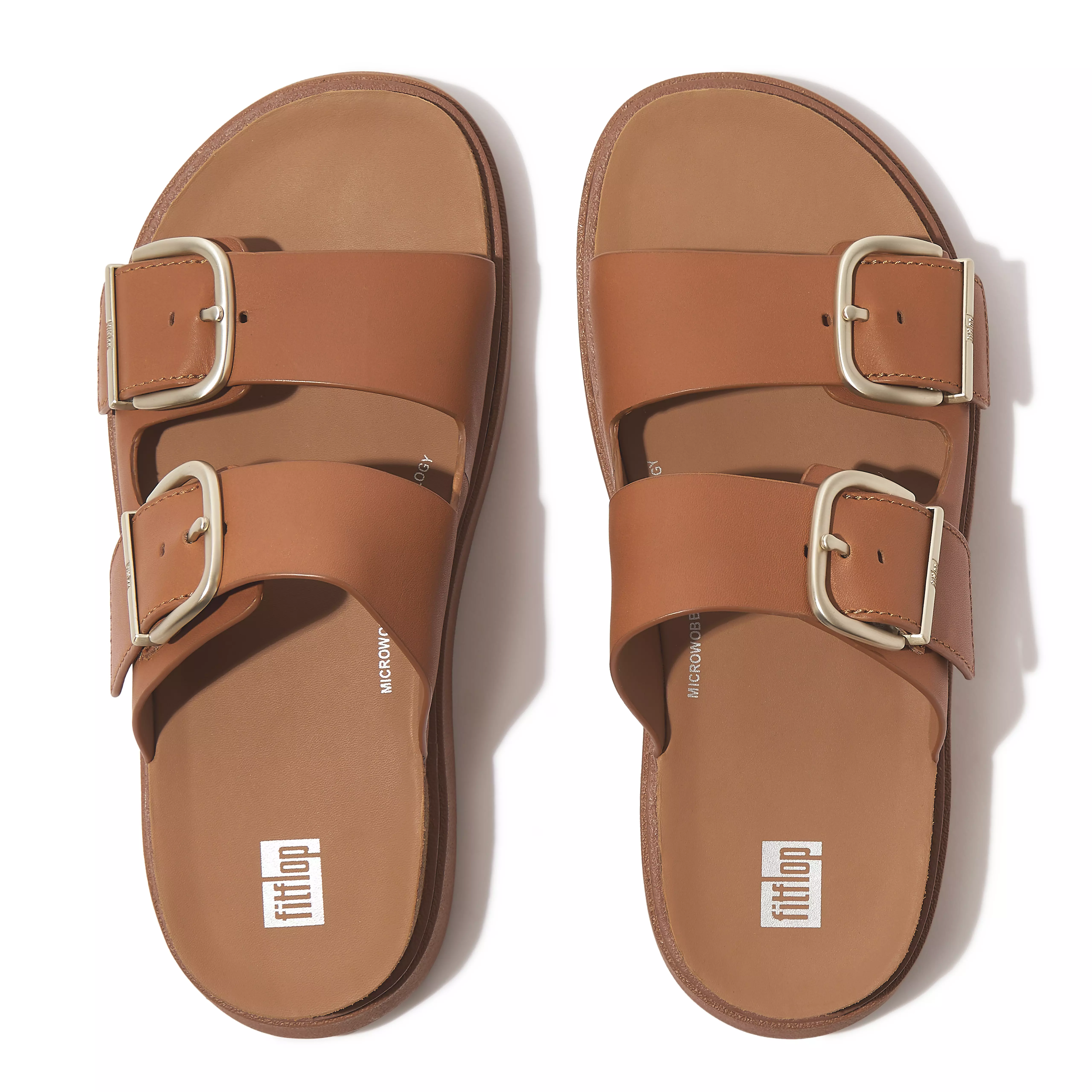 FITFLOP Gen-FF Buckle Two-Bar Leather Slides in Light Tan FITFLOP Gen-FF Buckle Two-Bar Leather Slides in Light Tan
