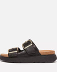 Black FITFLOP leather slide sandals in Canada with ergonomic Microwobbleboard midsole and adjustable buckle straps