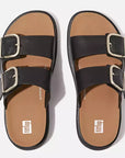 Top view of Black FITFLOP two-strap sandals in Canada with cork-infused sole and sleek minimalist style