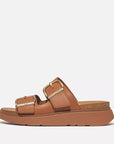 Light Tan FITFLOP leather slide sandals in Canada with Microwobbleboard cork midsole and double buckle straps