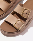 Gen-FF Buckle Two-Bar Leather Slides in Classic Beige