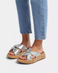 FITFLOP F-Mode Leather-Twist Flatform Slides in Silver HI1 | Shop from eightywingold an official brand partner for Fitflop Canada and US.
