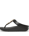 FitFlop HX2 001 Black women's sandals with soft leather straps, crystal-covered chain detail, and Microwobbleboard midsole for all-day comfort.