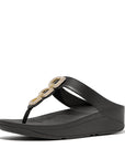 Elegant FitFlop HX2 001 Black sandals with soft toe-post leather, recycled zinc chain design, triple-density midsole, and natural arch support.