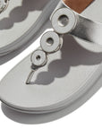 FitFlop IBO 011 Silver leather sandals with metallic marbled rings, APMA-approved Microwobbleboard midsole, and natural arch support.