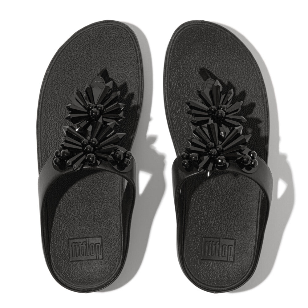 IE6 001 Black FitFlop sandals for women featuring faceted crystal clusters, cushioned midsole, and ergonomic arch support – stylish comfort in Canada.