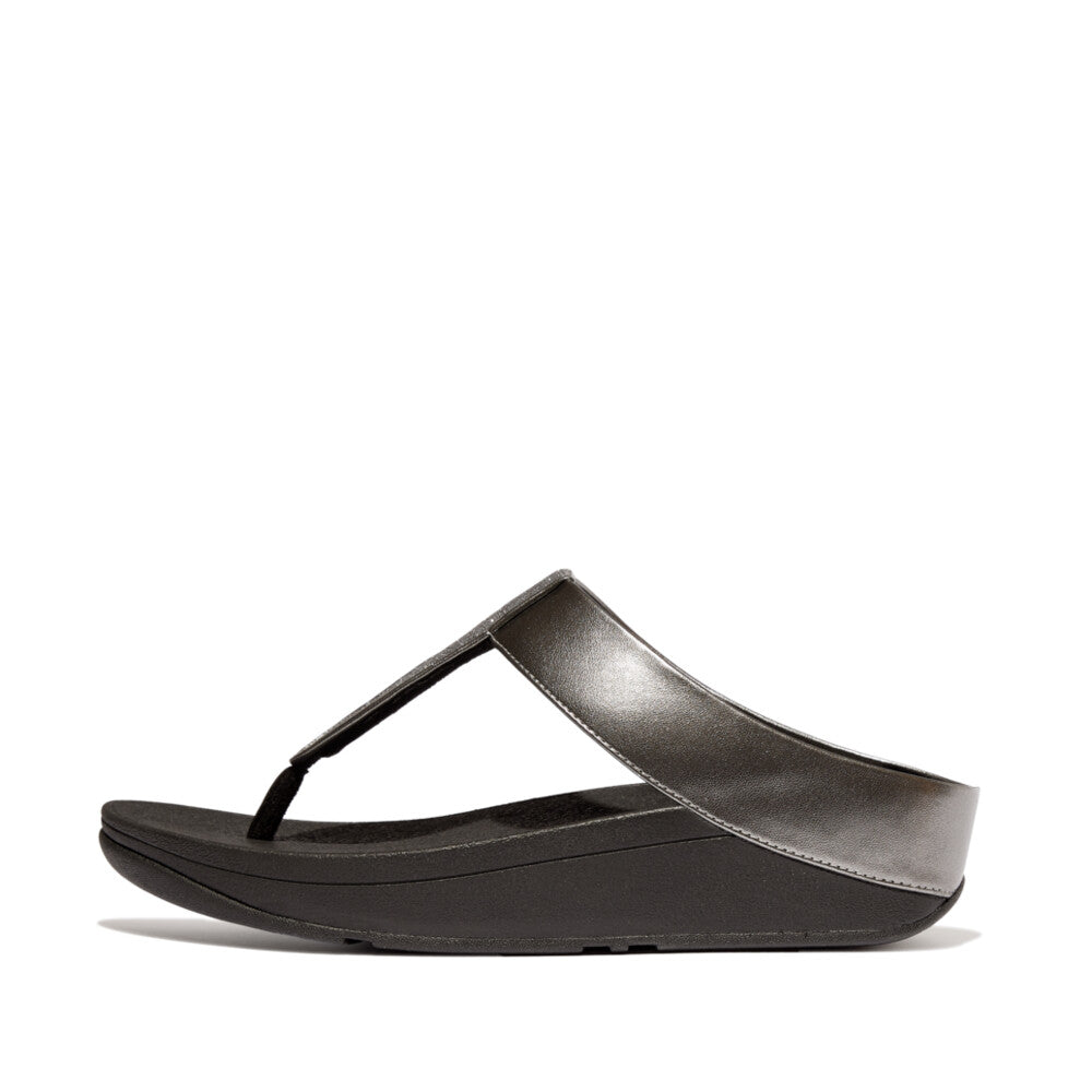 IK5 054 Pewter FitFlop sandals featuring shimmering metallic finish, ergonomic triple-density midsole, and soft microfiber toe post for all-day comfort.