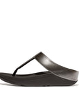 IK5 054 Pewter FitFlop sandals featuring shimmering metallic finish, ergonomic triple-density midsole, and soft microfiber toe post for all-day comfort.